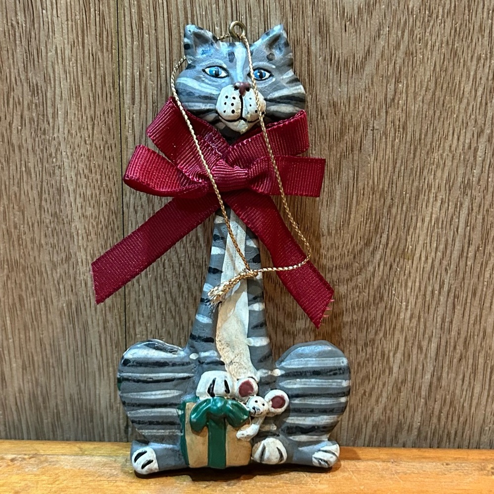 Vtg Kurt Adler Cat & Mouse Wreath Christmas Ornament Gray Tabby 4.75” see photos